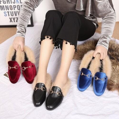 Womens Suede Slippers Loafers Casual Mules Fur Lined Shoes Slides Flats Korean Student Flat Slippers Winter Warm