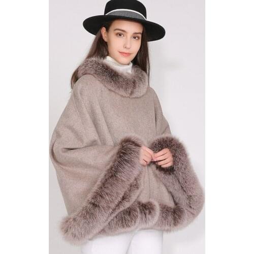 Women Coat Wool Cashmere Cloak Round Fox Fur Collar 2 Pockets Jackets Solid Color Cape Female Short Cashmere Poncho Spring