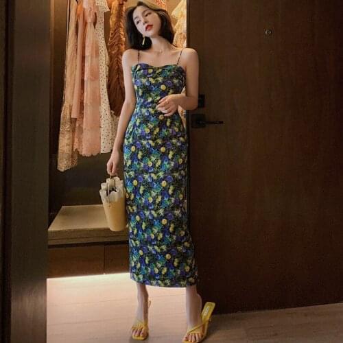 New arrival fashion dress women elegant summer spaghetti strap sexy bobycon dress temperament beach floral pencil long dress