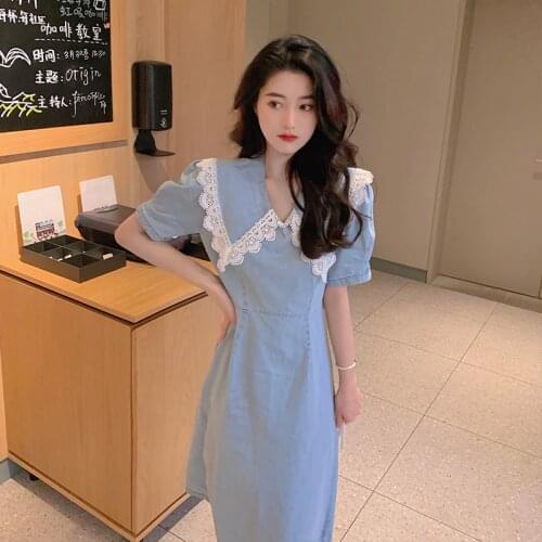 M-4XL plus size women fashion vintage denim dresses 2021 short sleeve lace ruffle casual Oversized long dress vestido female