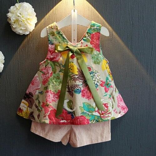 Girls' Floral Vest Suit Sleeveless Top Shorts Set Of 2 Kids Clothes Ribbon Bow Childrens Clothing Set
