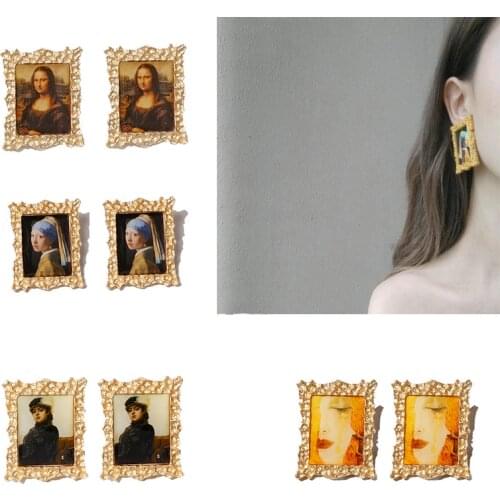 2020 Vintage Famous Oil Painting Lady Mona Lisa/ Vincent Van Gogh Stud Earrings Metal Gold Jewelry For Women Statement Gifts New