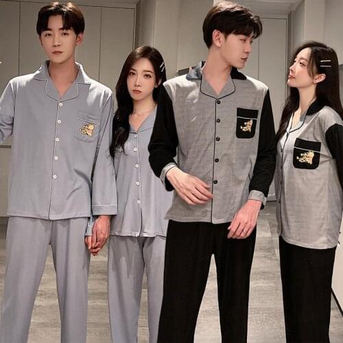 2021 Autumn Couples 100% Cotton Long Sleeve Pajama Sets Outfits for Women Korean Sleepwear Suit Pyjama Homewear Men Home Clothes