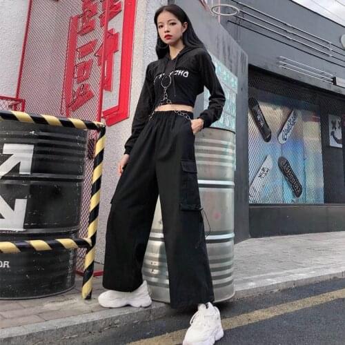 Overalls Womens Cargo Pants Korean Fashion Loose Student BF Straight Leg Pants Harajuku Ankle Banded Sweatpants Woman Baggy