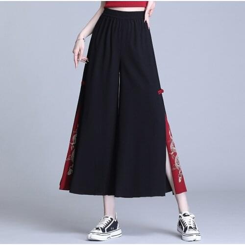 Japanese Fashion Chiffon Hippie Women Wide Leg Trousers Chinese Style Embroidery Kung Fu Pants Japon Black Long Kimono Cardigan