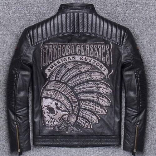 Pure Cowhide Thickness Embroidery Human Skeleton Stand Lead Fund Halley Locomotive Serve Genuine Leather Short Motorcycle Coat