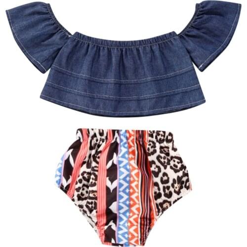 1-3Years Kid Baby Girls Outfit Cotton Short Sleeve Off-shoulder Ruffles Crop Tops Printed High Waist Shorts