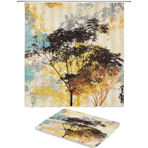 Home Decor Tree Flowers Scenery Shower Curtain Set Bathroom Waterproof Polyester Cloth +Non-slip Mat Toilet Bathroom 2Pcs/Set