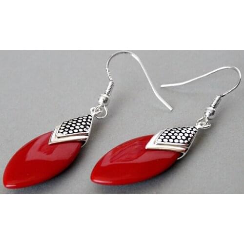 Beautiful 925 Silver Red Coral Flat Drop Earrings 14/5"