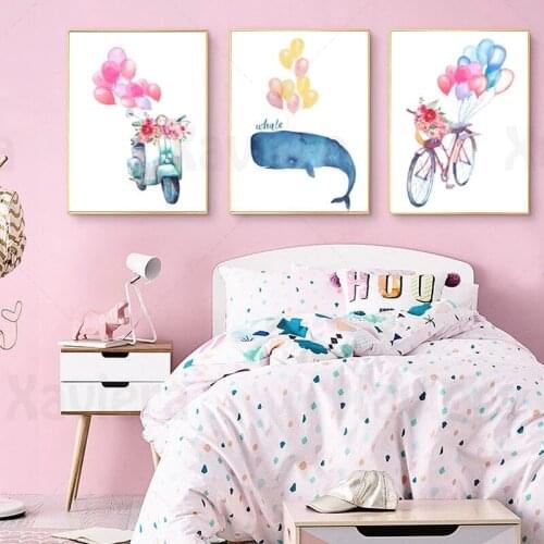 Cartoon Hand-Painted Decor Poster Color Balloon Whale Bicycle Home Decoration Nordic Canvas Painting Bedroom Living Room Decor