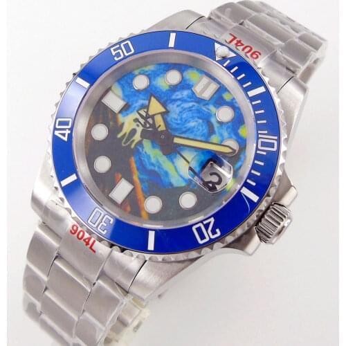 40mm Blue Face Mens Automatic Watch Japan NH35 Movement Sapphire 904L Bracelet Glide Lock Buckle Date Cyclops Ceramic Insert