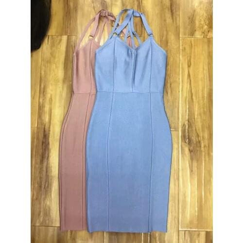 New Elegant Baby Sky Blue Khaki Vneck Multi Straps Wholesale Women Bodycon Celebrity Party Bandage Dress