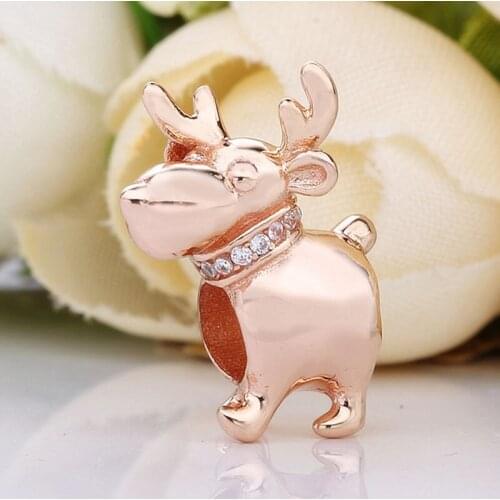 Original Animal Rose Gold Reindeer With Crystal Beads Fit 925 Sterling Silver Bead Charm Bracelet Bangle Diy Jewelry