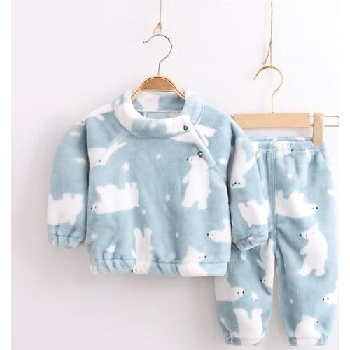 Baby Boys Girls Thick Warm Flannel Tops+Pants 2Pcs Cartoon Kids Pajamas Suits 2021 Autumn Winter Children Home Clothes Sets