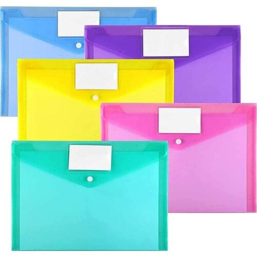 5 Pack A4 Letter Size Plastic Poly Envelopes,Clear Folders File Envelopes with Label Pocket & Snap Button for Organization