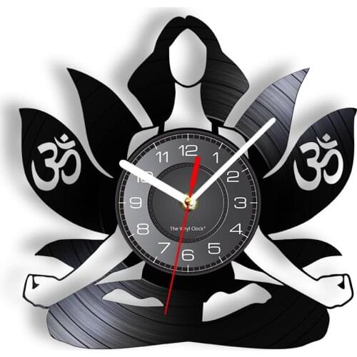 Lotus Position Chakra Meditating Yoga Vinyl Album Re-purposed Record Wall Clock Lotus Flower Sign Yoga Studio Decor Clock Watch