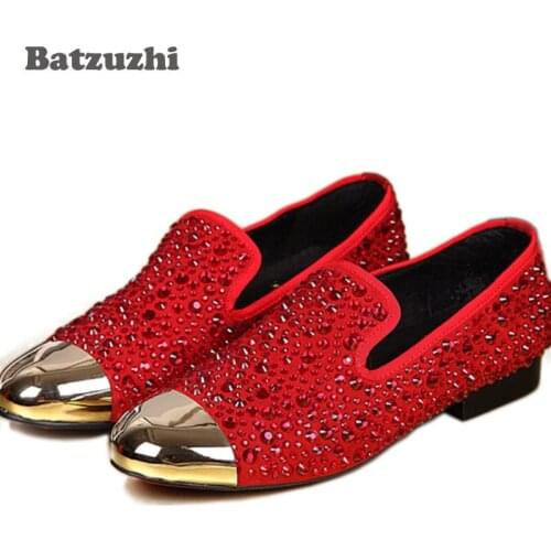 Luxury Red Rhinestone Men Shoes Men Crystal Loafers Designers Party Red Wedding Men Shoes Flats Erkek Ayakkabi Metal Tip
