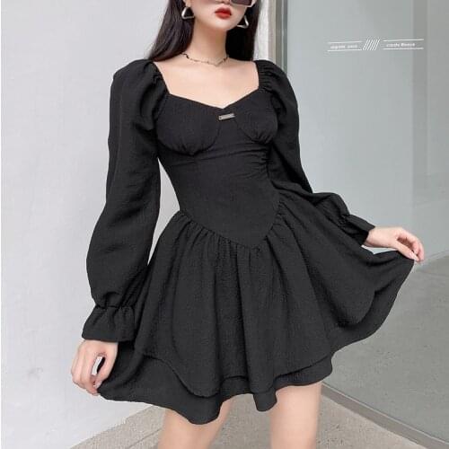 SUCHCUTE Sexy Women Evening Bodycon Dress Casual Gothic Long Sleeve Party Clubwear Black Mini Dresses Lady A-Line Kawaii Dress