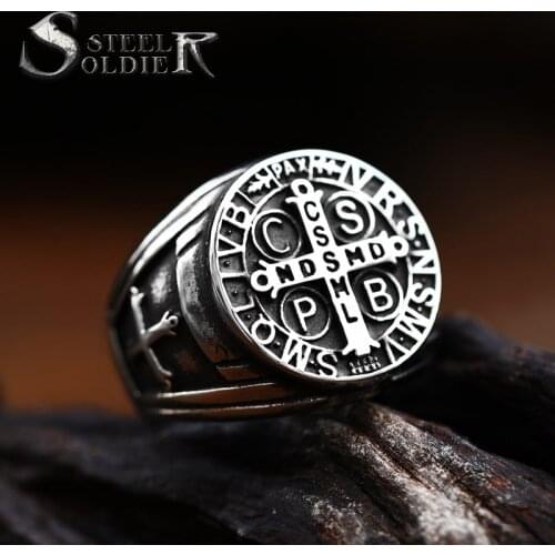 Steel soldier cross design latina amulet letter stainless steel men ring CSSML bring luck personality jewelry