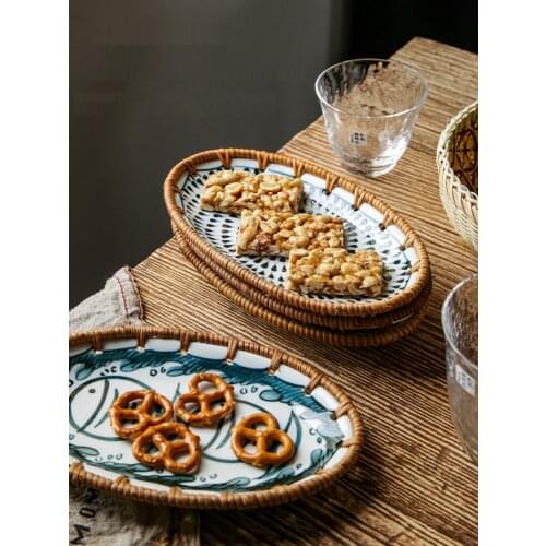 GY Rattan Fruit Tray Tea Room Ceramic Dim Sum Plate Home Living Room Dried Fruit Snack Afternoon Tea Pastry Snack Plate