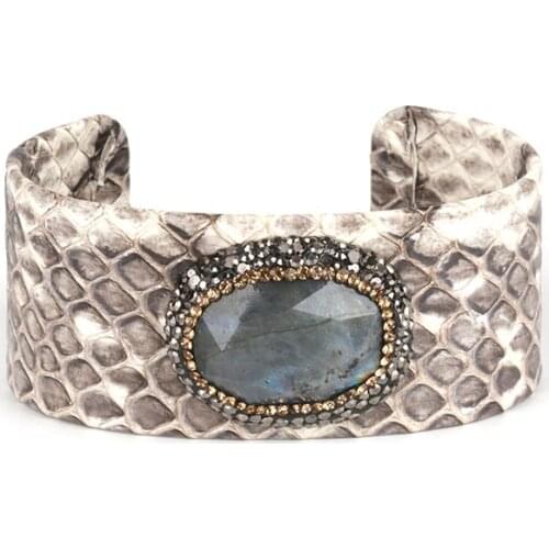 Angular oval labradorite stone bead charm pave rhinestone resizable grey snake leather wide wrap open bangle cuff for women
