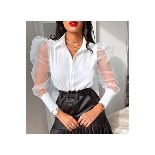 Bodysuit Women Sexy Solid Sheer Mesh Puff Sleeve Zip Up Bodysuit Fashion Women Long Sleeve V-neck Skinny Bodysuit