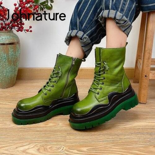 Johnature Winter Shoes Women Boots Genuine Leather Zip Plush Round Toe Wedges Lace-Up Handmade Fashion Ankle Platform Boots