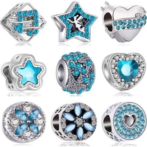 Ocean Style Blue Color Panda Wings Flowers Stars Dolphin Hearts Crystal Beads Charms Fit Pandora Bracelets for Women Bijoux Gift