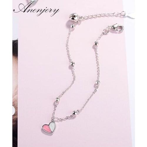 ANENJERY 925 Sterling Silver Summer Jewelry Bracelet For Women Girl Pink Ice Cream Heart Beads Bracelet Friend Gift S-B165