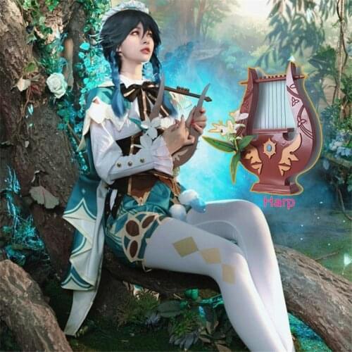 Venti Genshin Impact Cosplay Anime Genshin Impact Venti Cosplay Wig Women Halloween Costume Outfit Harp Prop