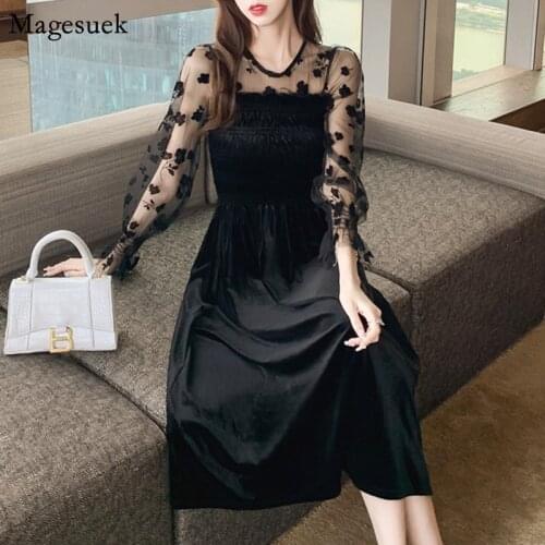 Korean Velvet Empire Black Dress Women Elegant Winter New A-Line Midi Dress Female Embroidery Sexy Ladies Dresses Vestidos 12557