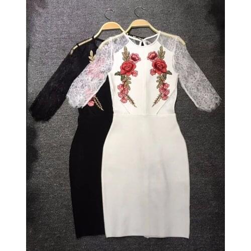 Women Sexy Sweet Elastic Midi Sleeve Foral Lace Bodycon Bandage Party Dress Vestidos Black White