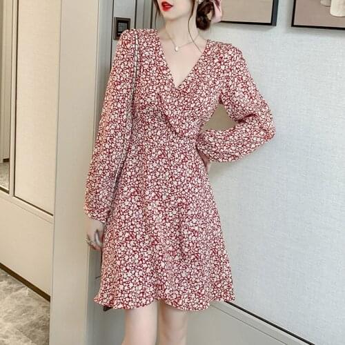 2021 New Summer Women Dress Floral Print High Waist Chiffon Dress Sweet Casual Slim Fit Korean Style V Neck A Line Vestidos
