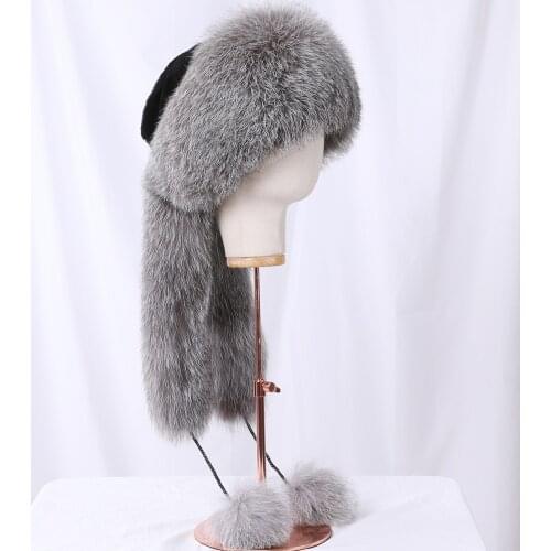 100% Natural Fox Fur Hat Russian Womens Real Fur Bomber Hats Lady Winter Warm Luxury Fashion Fluffy Fox Fur Rex Rabbit Fur Caps