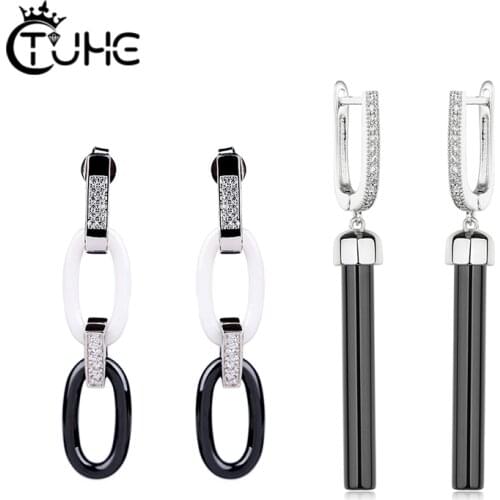 2pcs/Set Women Ceramic Earrings Sets Black White Ceramic Drop Earrings Rhinestone Fashion Jewelry Wedding Party Birthday Gifts