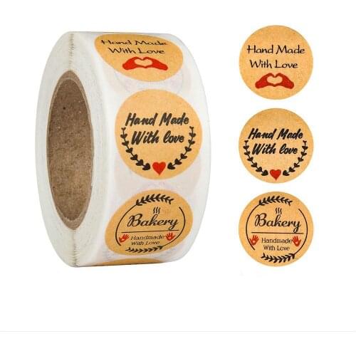 500pcs/roll Handmade With Love Kraft Stickers Envelope Label Sticker For Cake Packaging Stationery Small Business Decoration