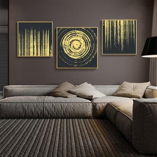 Abstract Stripes Lines Circles Black And Gold Poster Wall Art Print Canvas Painting Modern Square Living Room Decoration