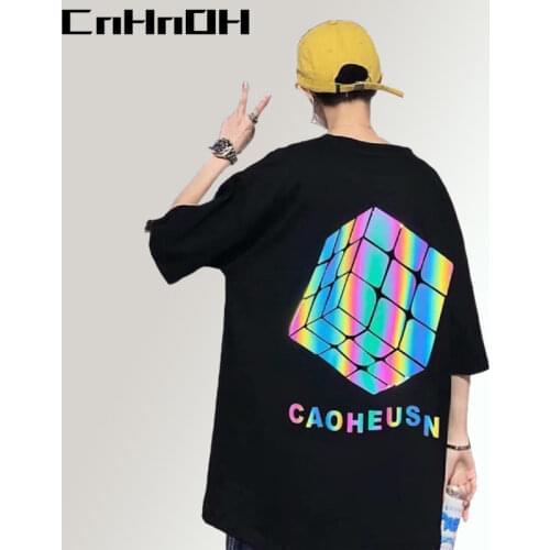 CnHnOH Oversize Hip-Hop Rainbow Colors Reflective Rubiks Cube T-Shirt Short-Sleeved Male Tee Chic Loose For Couples IS-A103