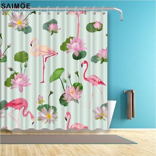 Colorful Lotus With Flamingo Bathroom Curtain Waterproof Polyester Fabric Bath Shower Curtain Bathing Cover Shower Sets