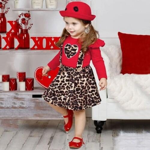Baby Valentines Day Outfit Girls Clothes Set Long Sleeve Top Suspender Leopard Skirts Valentines Day Outfit Toddler Girl Clothes