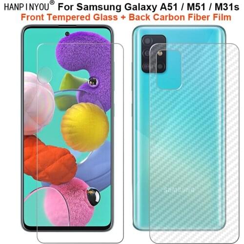 For Samsung Galaxy A51 5G UW M31s 1 Set = Soft Back Carbon Fiber Film + Clear Tempered Glass Front Screen Protector