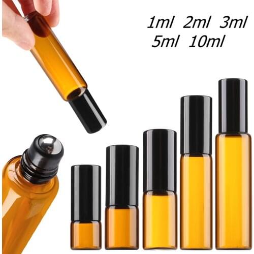 5PCS 1/2/3/5/10ml Mini Essential Oil Bottle Perfume Roller Ball Amber Refillable Glass Vials Bottle Vials Cosmetic Containers