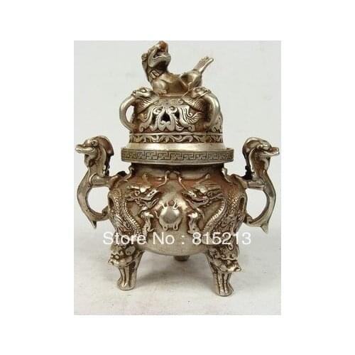 Wang 000162 CHINESE BUDDHISM HANDWORK OLD SILVER COPPER DRAGON INCENSE BURNER
