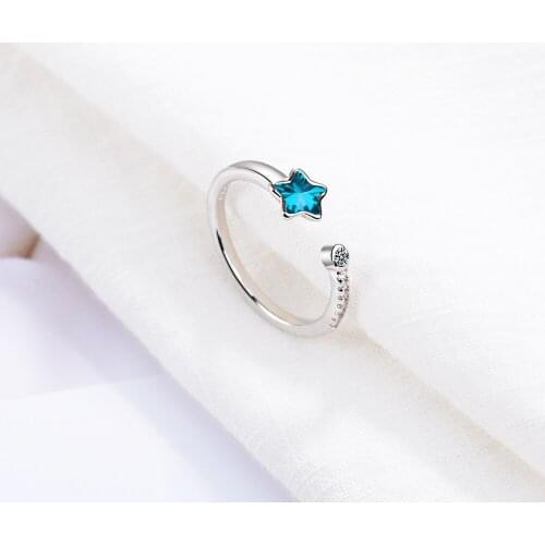 Luckydays Romantic silver color Ocean Blue Crystal Star Opening Rings For Women Girl Gift Micro Zircon Jewelry Gift anillos anel