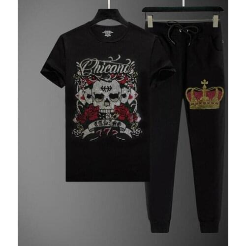 Fashion Flower and skull cool Tracksuit new designer Rhinestones Suit Running Diamond Sets 2021 new design men clothes