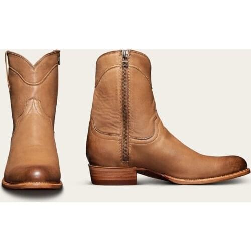 Men Western Boots Nice Winter Outdoor Motorcycle Boots Zipper Solid PU Leather Rome Boots Men Pointed Toe Mid Heel Man Shoes