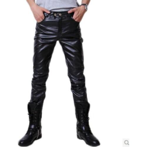 Men Skinny Faux Leather Leisure Pants Black Gold Silver Pu Shiny Pants Singers Club Performance on Stage Dancer Plus Size M-XXXL