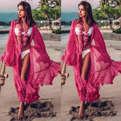 Kayotuas Women Bikini Cover-Up Rosy Red Flare Long Sleeve Open Stitch Hot Sale Sexy Ladies Swimwear Beachdress