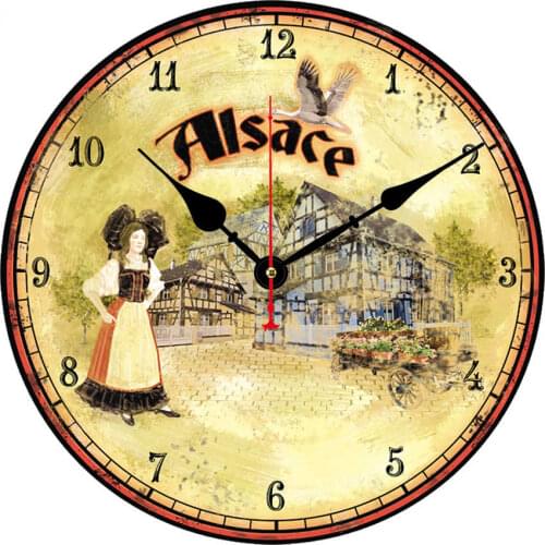 Delices Alsace Scenery Wall Clock,French Style Round Imitation Wood Wall Clock Bedroom Clock Roman Numeral Horloge Kitchen Clock