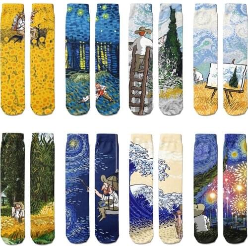 New Creative Cartoon Van Gogh Cotton Socks Female Kawaii Spring And Fall Straight Socks Women Casual Soft Funny Long Socks